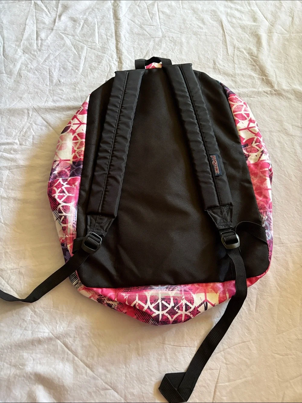 Jansport Pink Peace Sign Pattern Backpack with Purple & Blue Accents